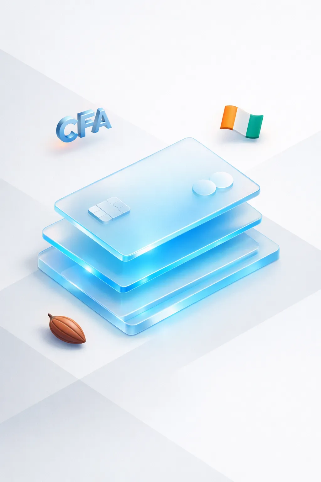 Stacked glass payment cards with a CFA franc symbol, cocoa pod, and Ivorian flag