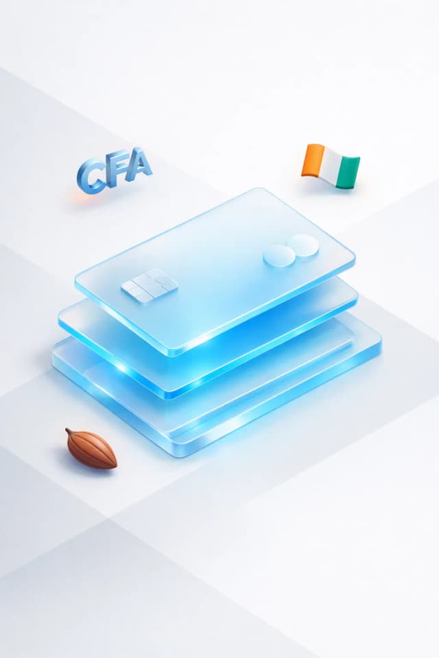 Stacked glass payment cards with a CFA franc symbol, cocoa pod, and Ivorian flag