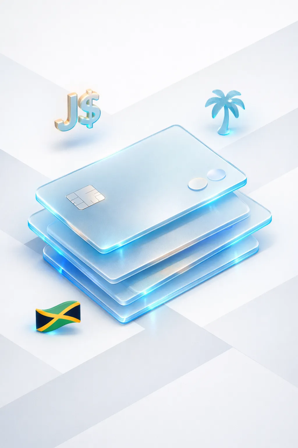 Stacked glass payment cards with a J$ symbol, palm tree silhouette, and Jamaican flag