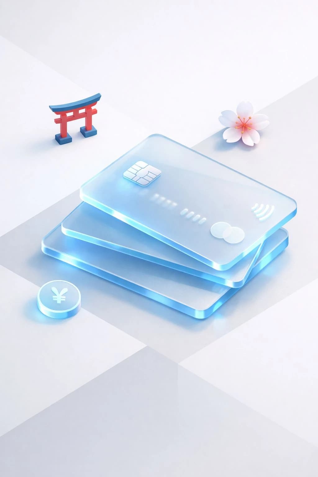 Stacked glass payment cards with a yen symbol, torii gate silhouette, and cherry blossom