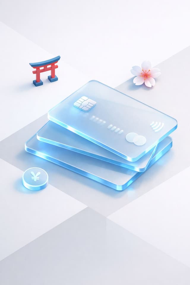 Stacked glass payment cards with a yen symbol, torii gate silhouette, and cherry blossom