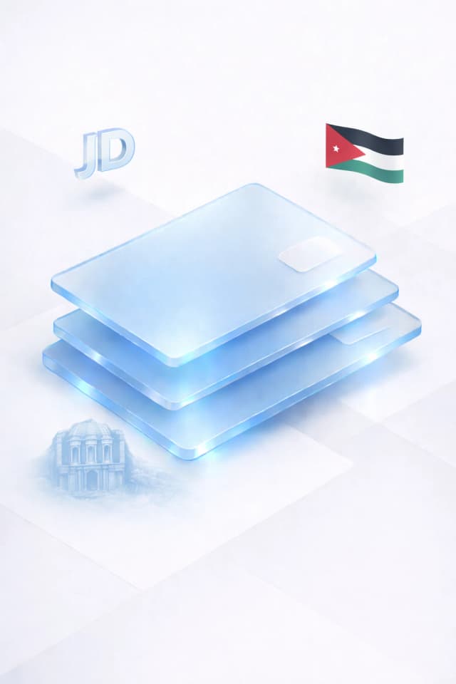 Stacked glass payment cards with a dinar symbol, ancient facade silhouette, and Jordanian flag