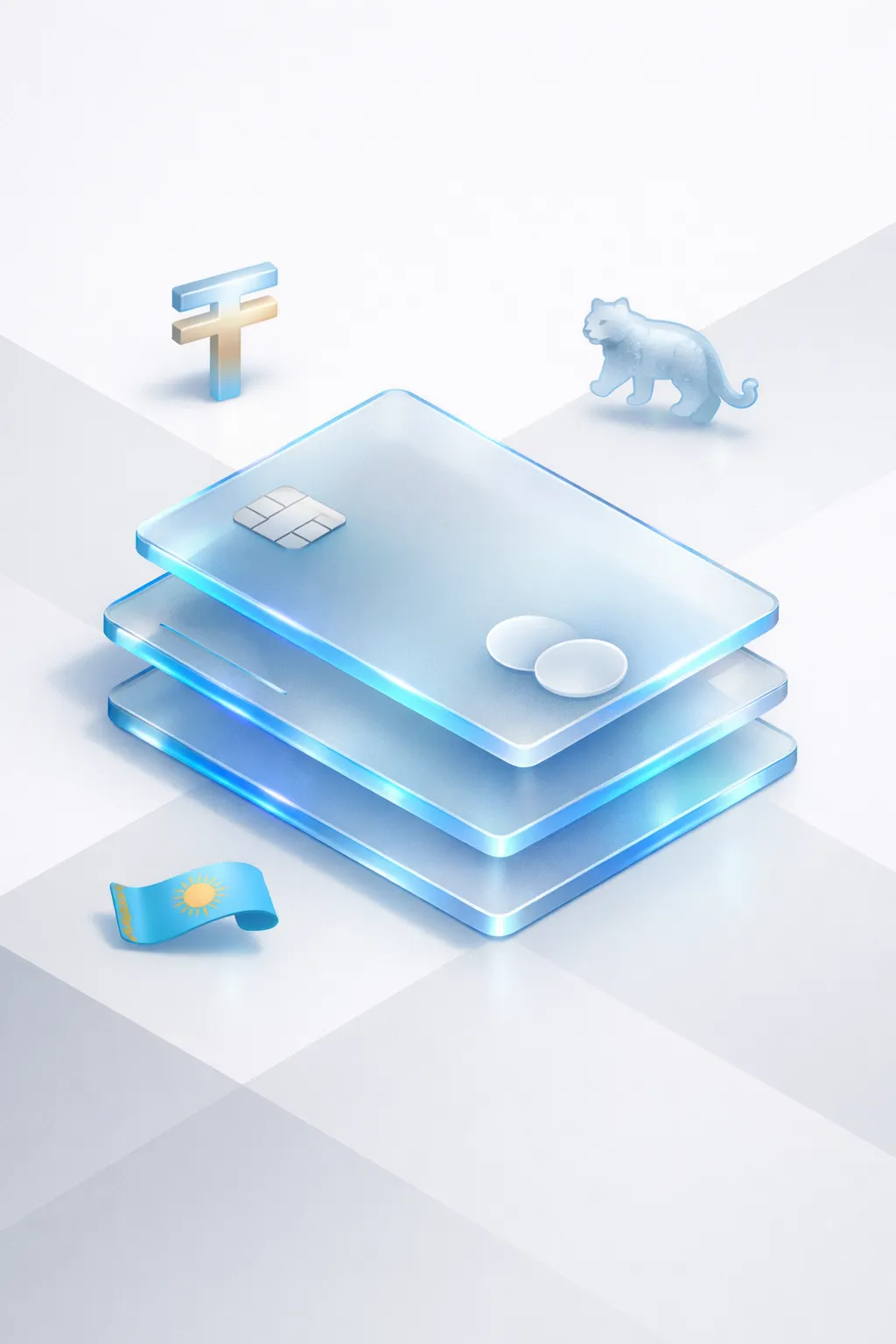 Stacked glass payment cards with a tenge symbol, snow leopard figure, and Kazakh flag