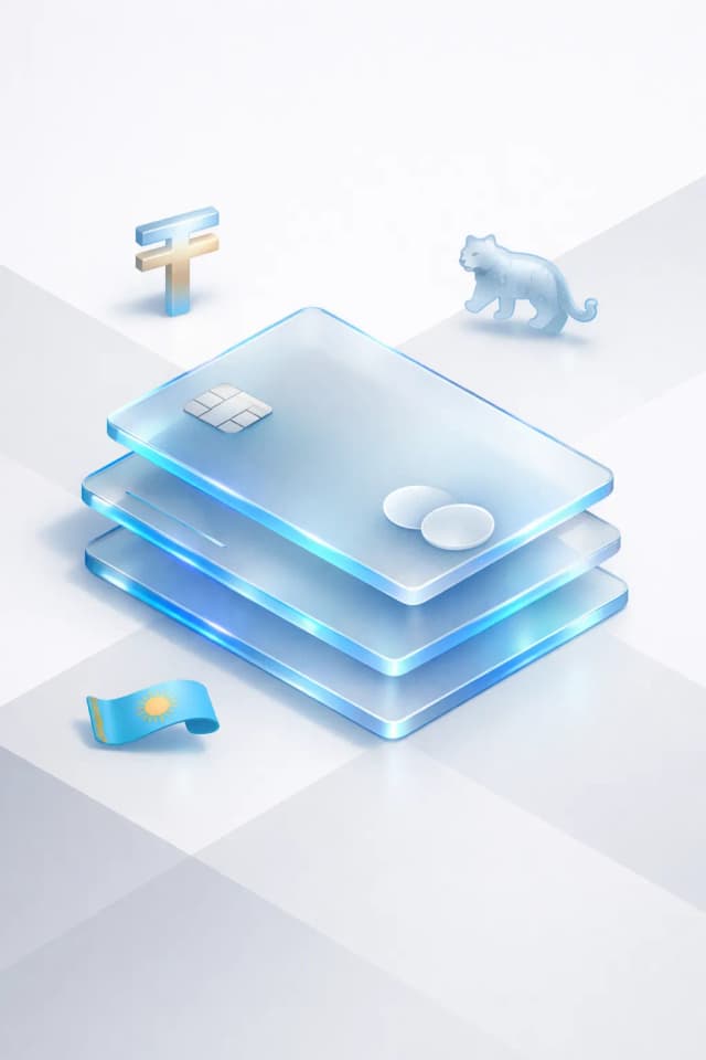 Stacked glass payment cards with a tenge symbol, snow leopard figure, and Kazakh flag
