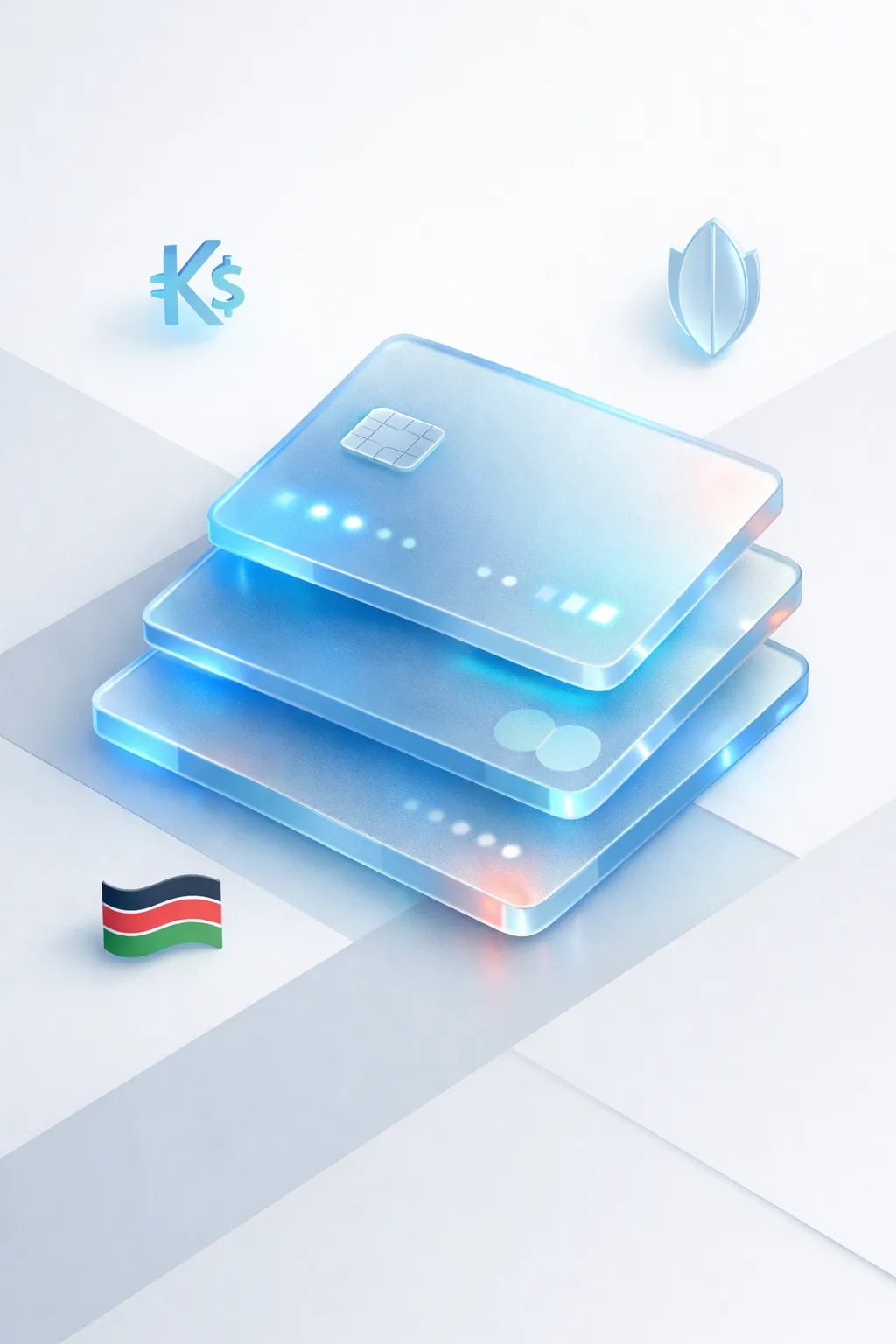 Stacked glass payment cards with a KSh symbol, leaf shield emblem, and Kenyan flag