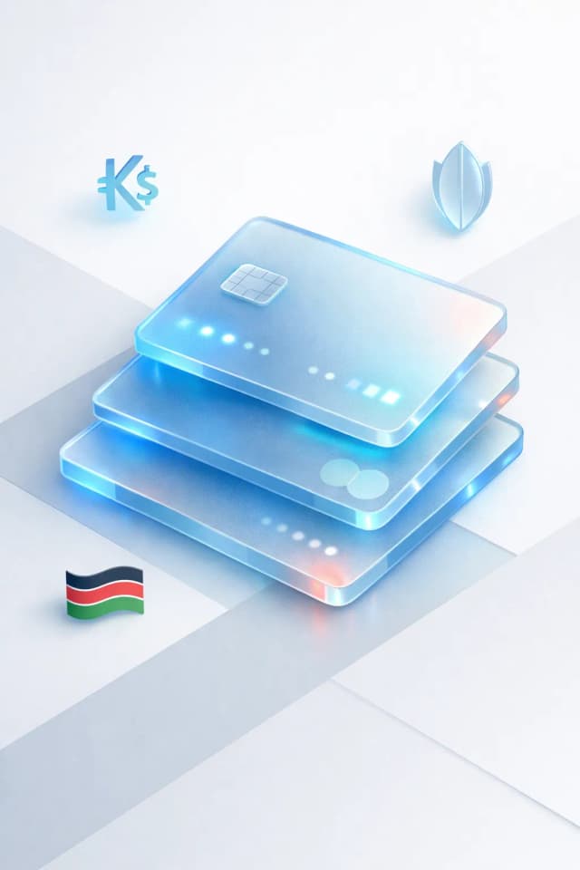 Stacked glass payment cards with a KSh symbol, leaf shield emblem, and Kenyan flag