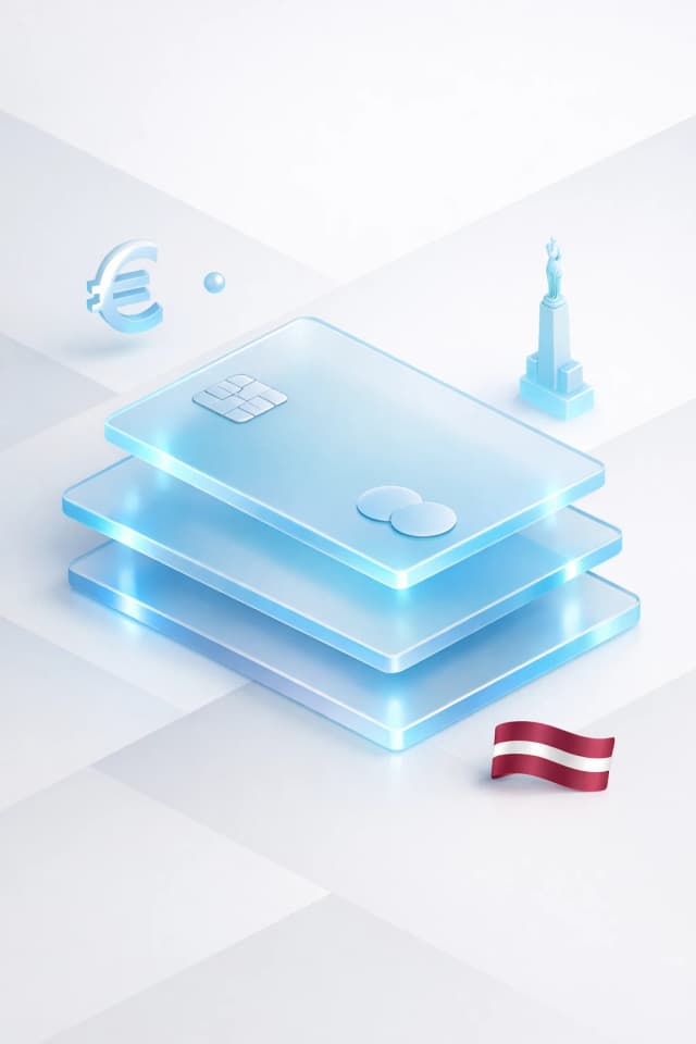 Stacked glass payment cards with a euro symbol, Freedom Monument statue, and Latvian flag