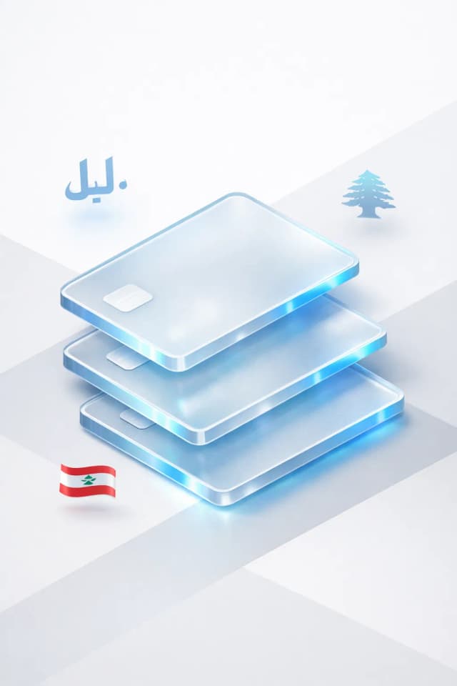 Stacked glass payment cards with a pound symbol, cedar tree emblem, and Lebanese flag
