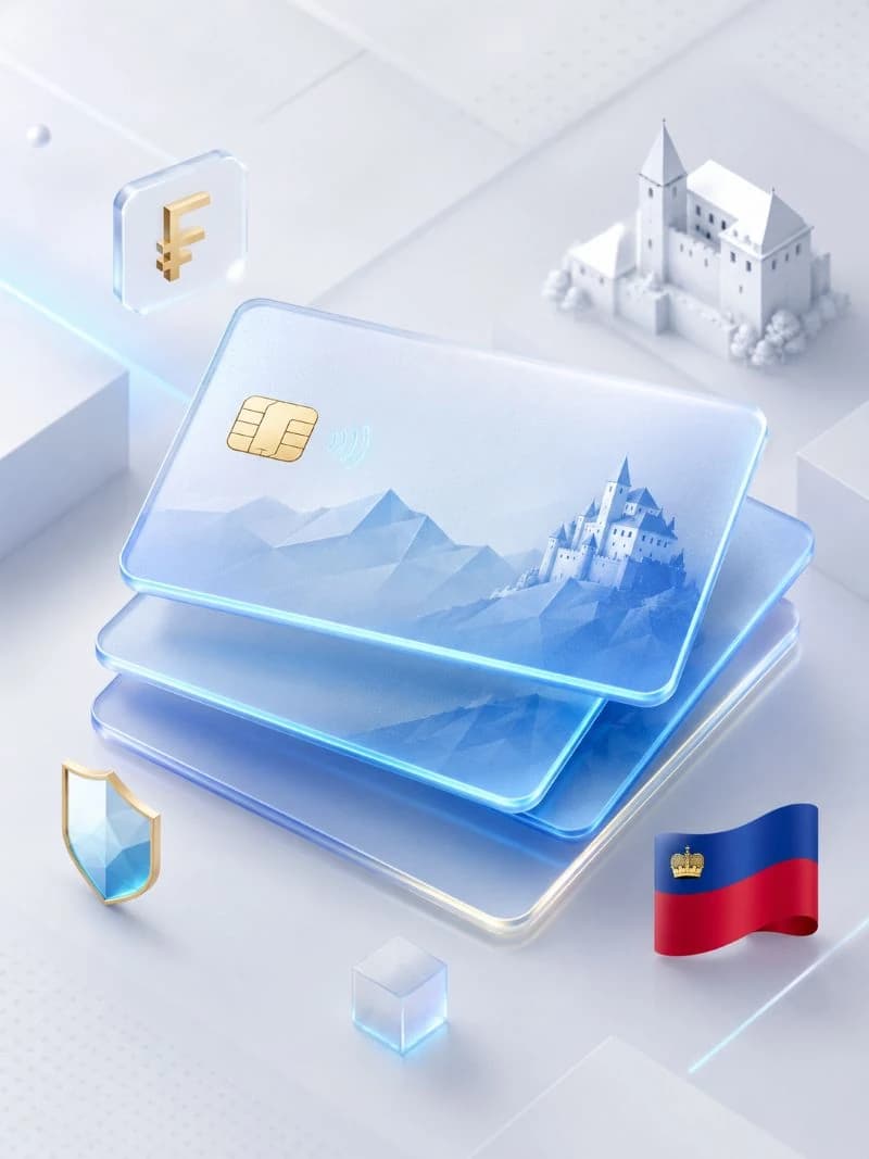 Stacked glass payment cards with a Swiss franc symbol, Vaduz Castle silhouette, and Liechtenstein flag