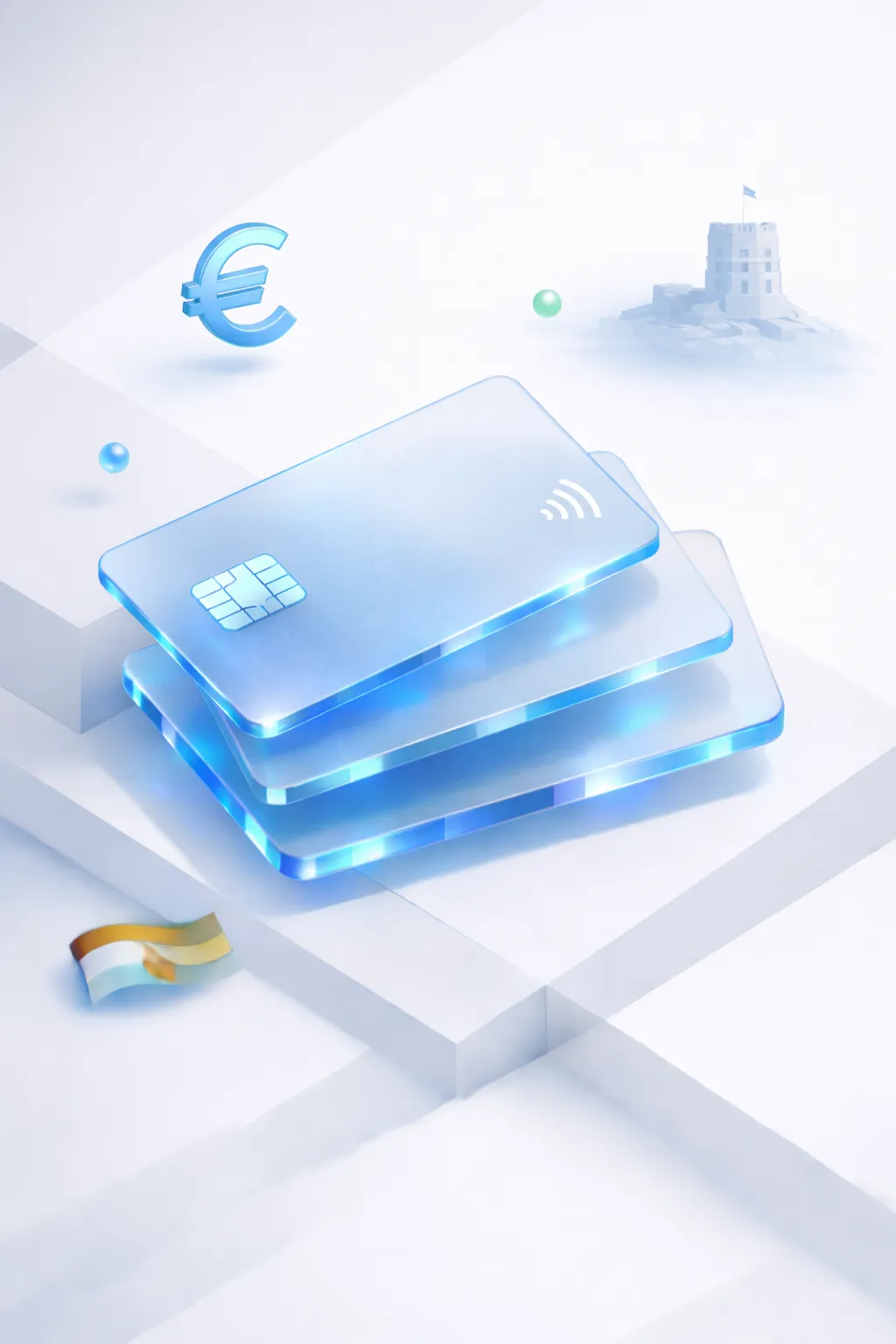Stacked glass payment cards with a euro symbol, castle tower silhouette, and Lithuanian flag