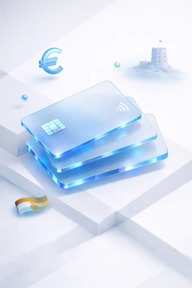 Stacked glass payment cards with a euro symbol, castle tower silhouette, and Lithuanian flag