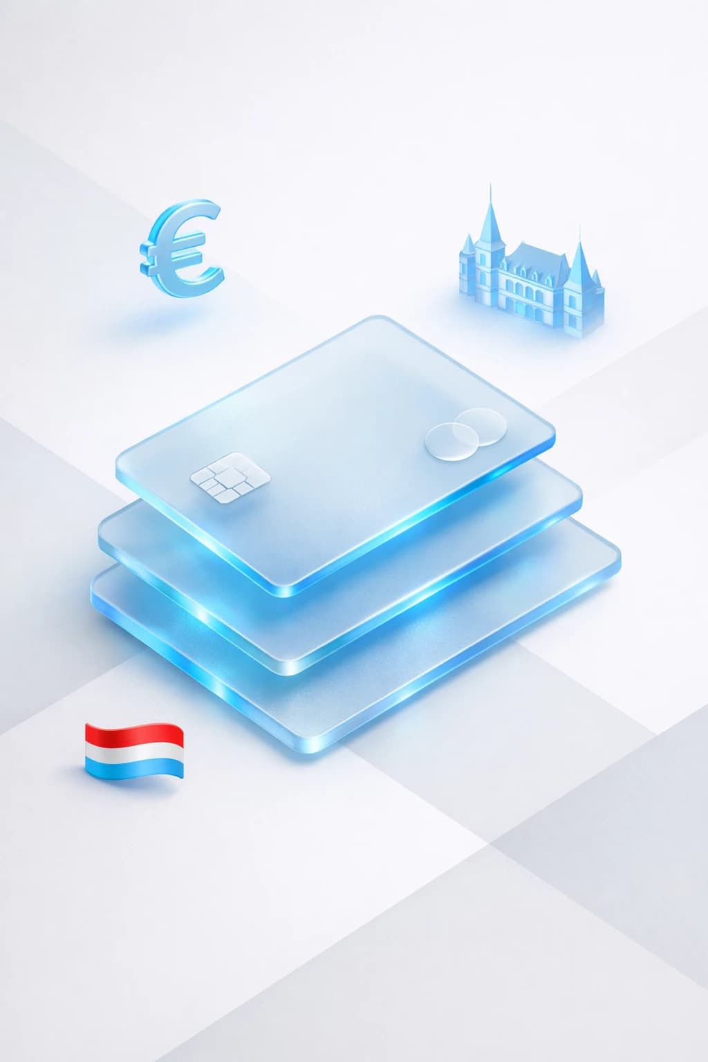 Stacked glass payment cards with a euro symbol, fortress with spires, and Luxembourgish flag