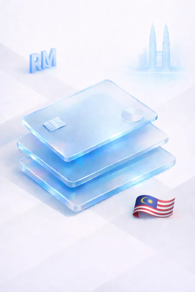 Stacked glass payment cards with an RM symbol, Petronas Towers silhouette, and Malaysian flag