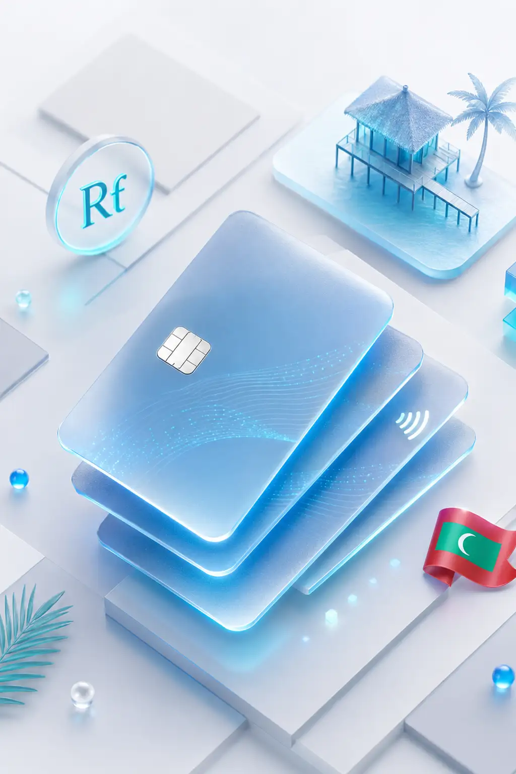 Stacked glass payment cards with a rufiyaa symbol, overwater villa silhouette, and Maldivian flag