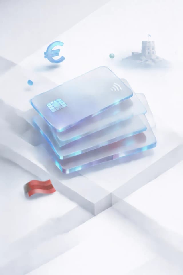 Stacked glass payment cards with a euro symbol, fortress silhouette, and Maltese flag