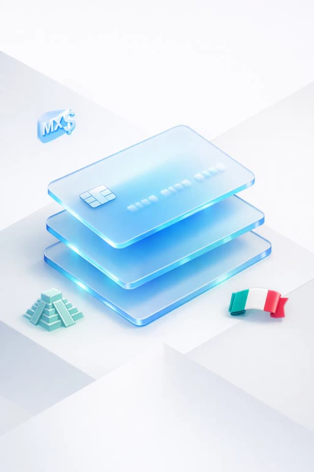 Stacked glass payment cards with an MX$ symbol, Mayan pyramid, and Mexican flag