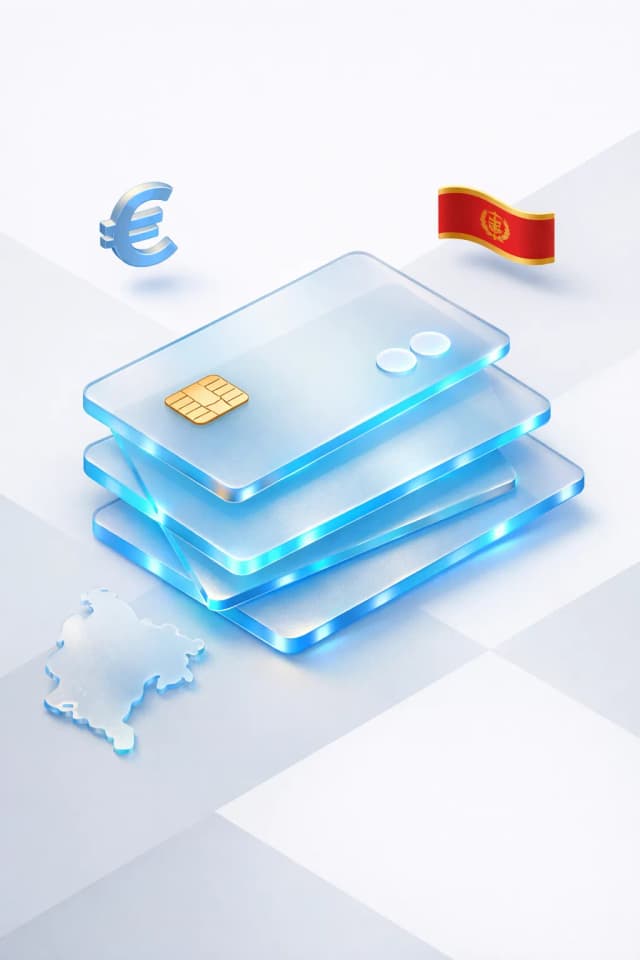 Stacked glass payment cards with a euro symbol, country map silhouette, and Montenegrin flag