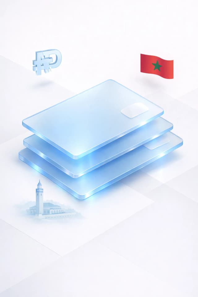 Stacked glass payment cards with a dirham symbol, minaret silhouette, and Moroccan flag