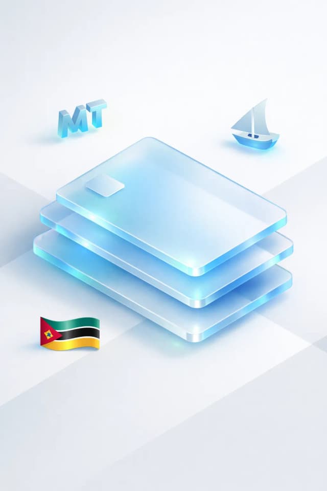 Stacked glass payment cards with a metical symbol, dhow sailboat, and Mozambican flag