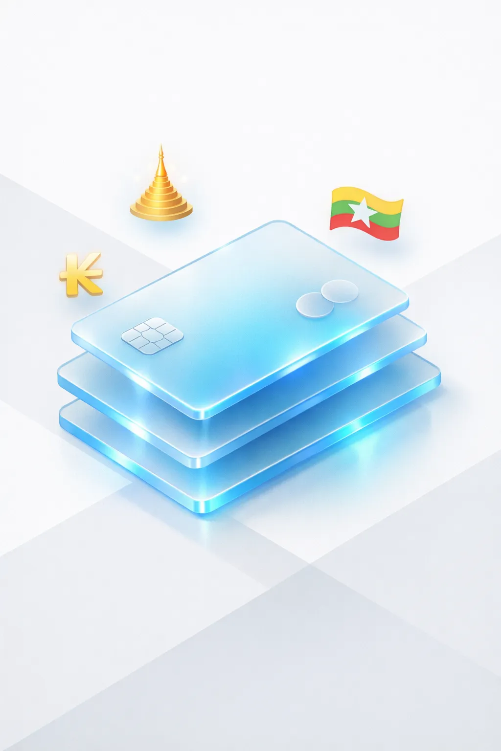 Stacked glass payment cards with a kyat symbol, gold pagoda spire, and Myanmar flag