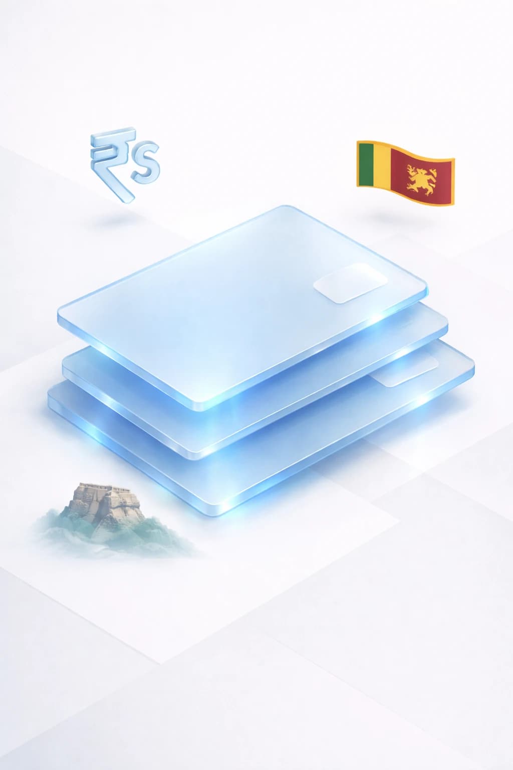 Stacked glass payment cards with a rupee symbol, Himalayan peak silhouette, and Nepali flag