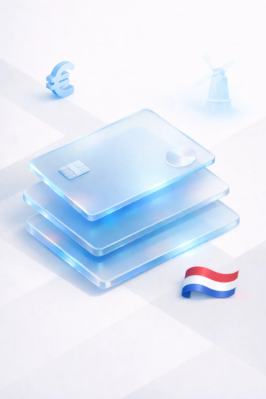 Stacked glass payment cards with a euro symbol, windmill silhouette, and Dutch flag