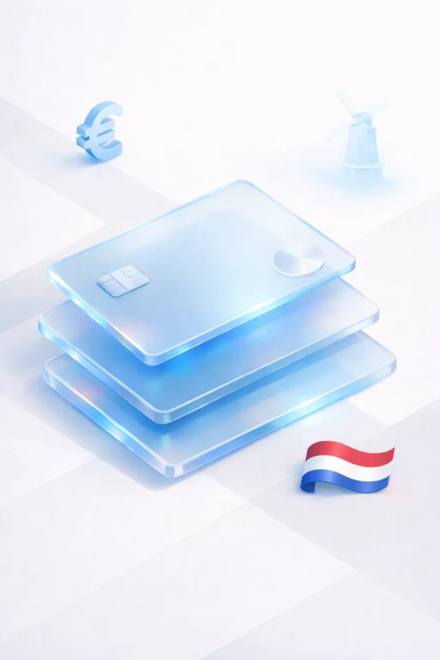 Stacked glass payment cards with a euro symbol, windmill silhouette, and Dutch flag