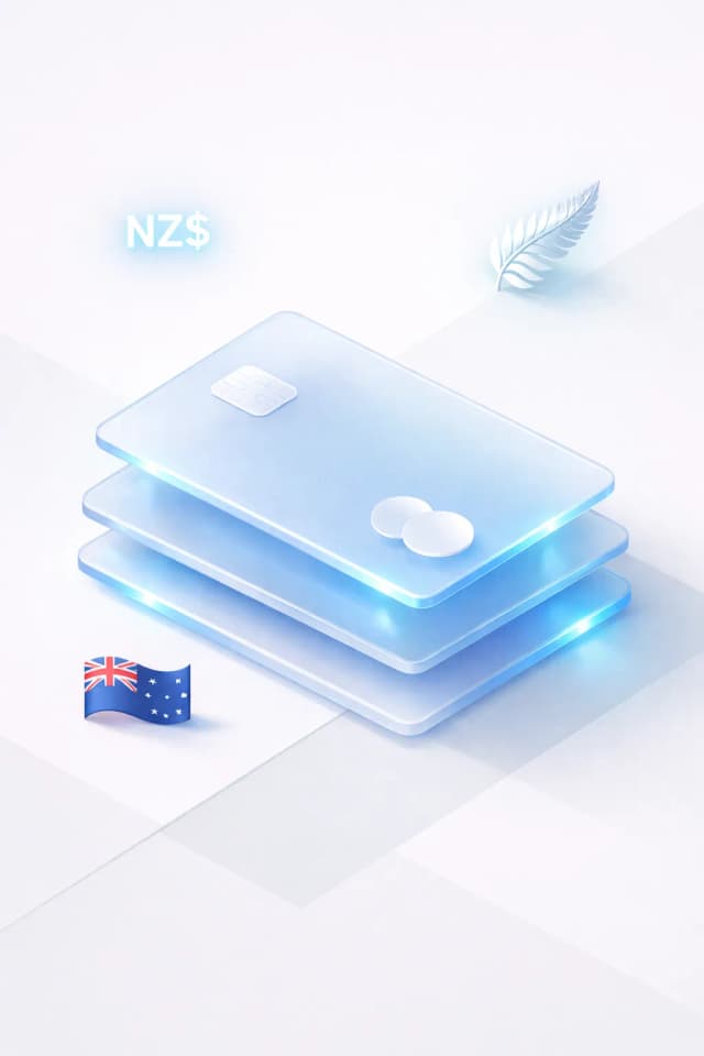 Stacked glass payment cards with an NZ$ symbol, silver fern leaf, and New Zealand flag