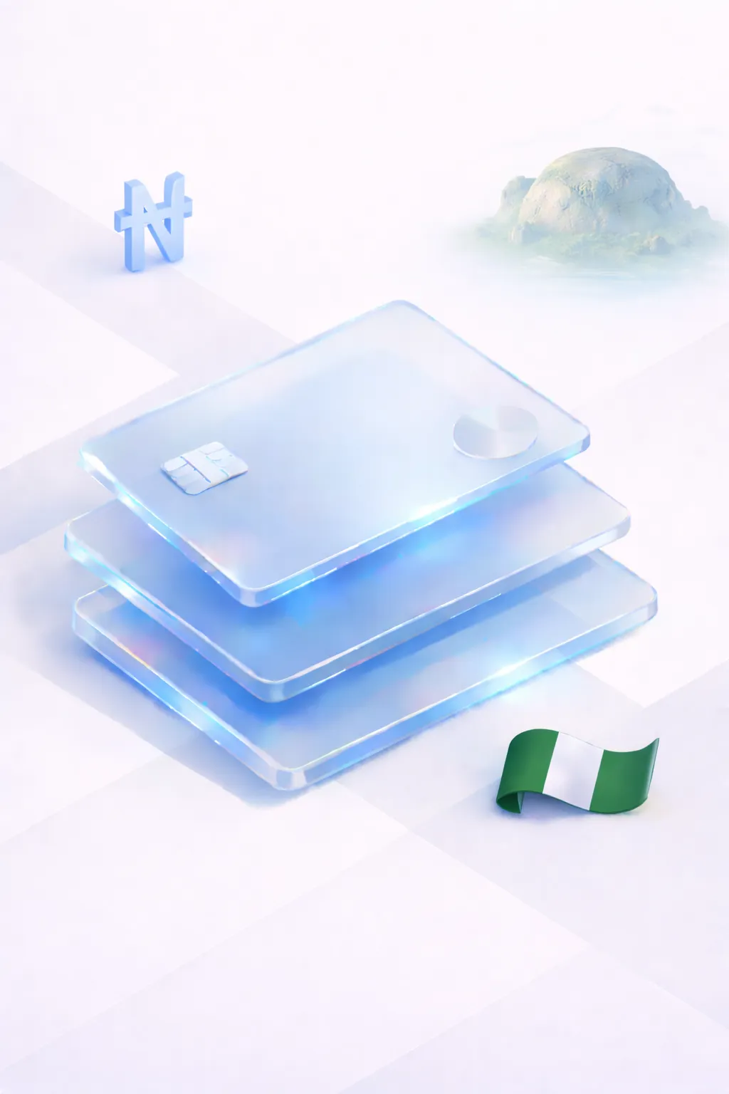 Stacked glass payment cards with a naira symbol, Zuma Rock silhouette, and Nigerian flag