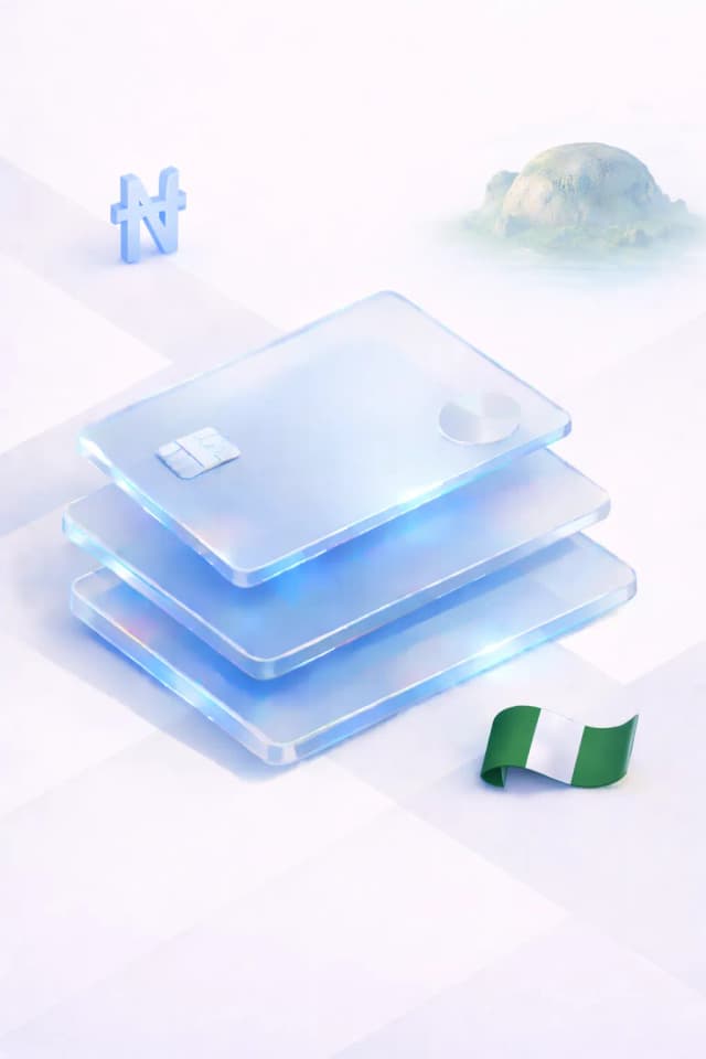 Stacked glass payment cards with a naira symbol, Zuma Rock silhouette, and Nigerian flag