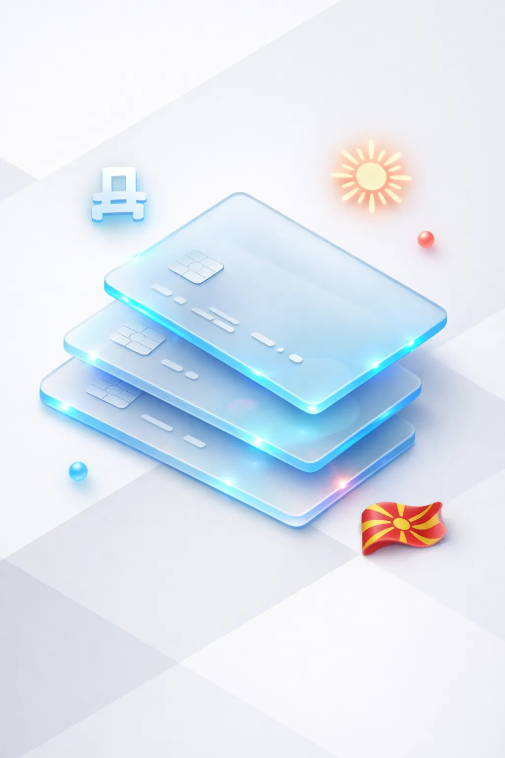 Stacked glass payment cards with a denar symbol, glowing sun emblem, and Macedonian flag