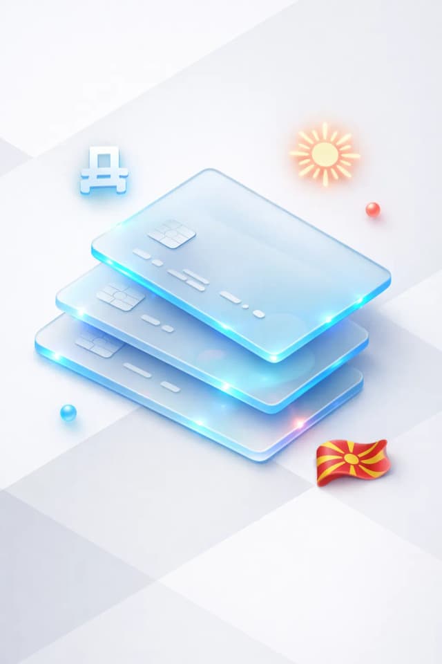 Stacked glass payment cards with a denar symbol, glowing sun emblem, and Macedonian flag
