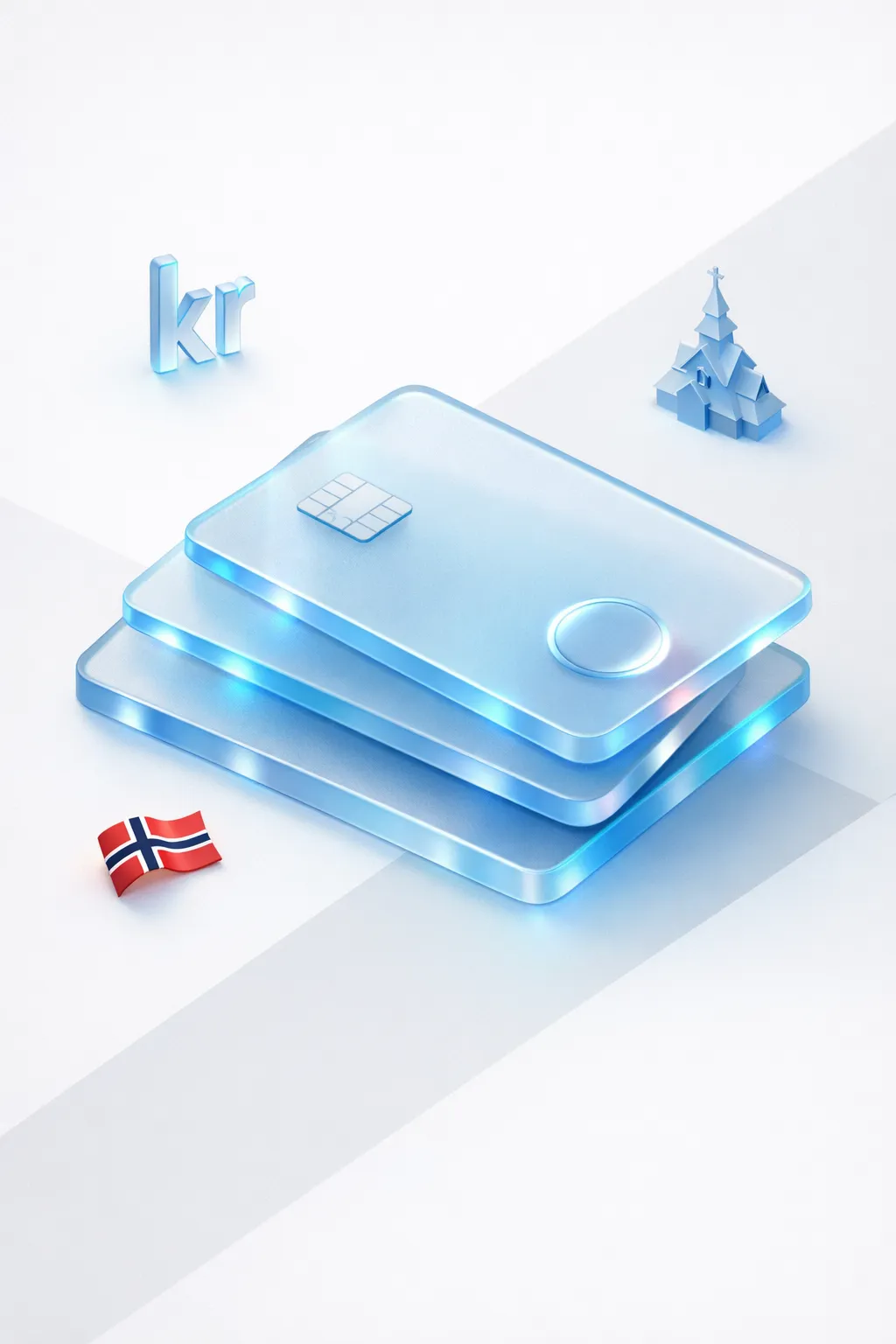 Stacked glass payment cards with a kr symbol, stave church silhouette, and Norwegian flag