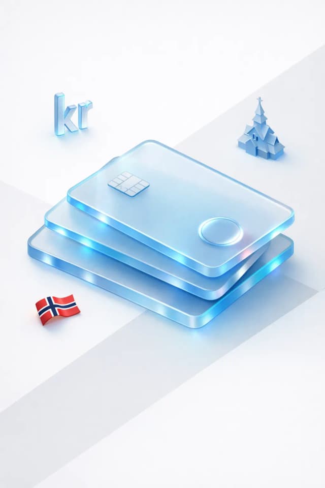 Stacked glass payment cards with a kr symbol, stave church silhouette, and Norwegian flag