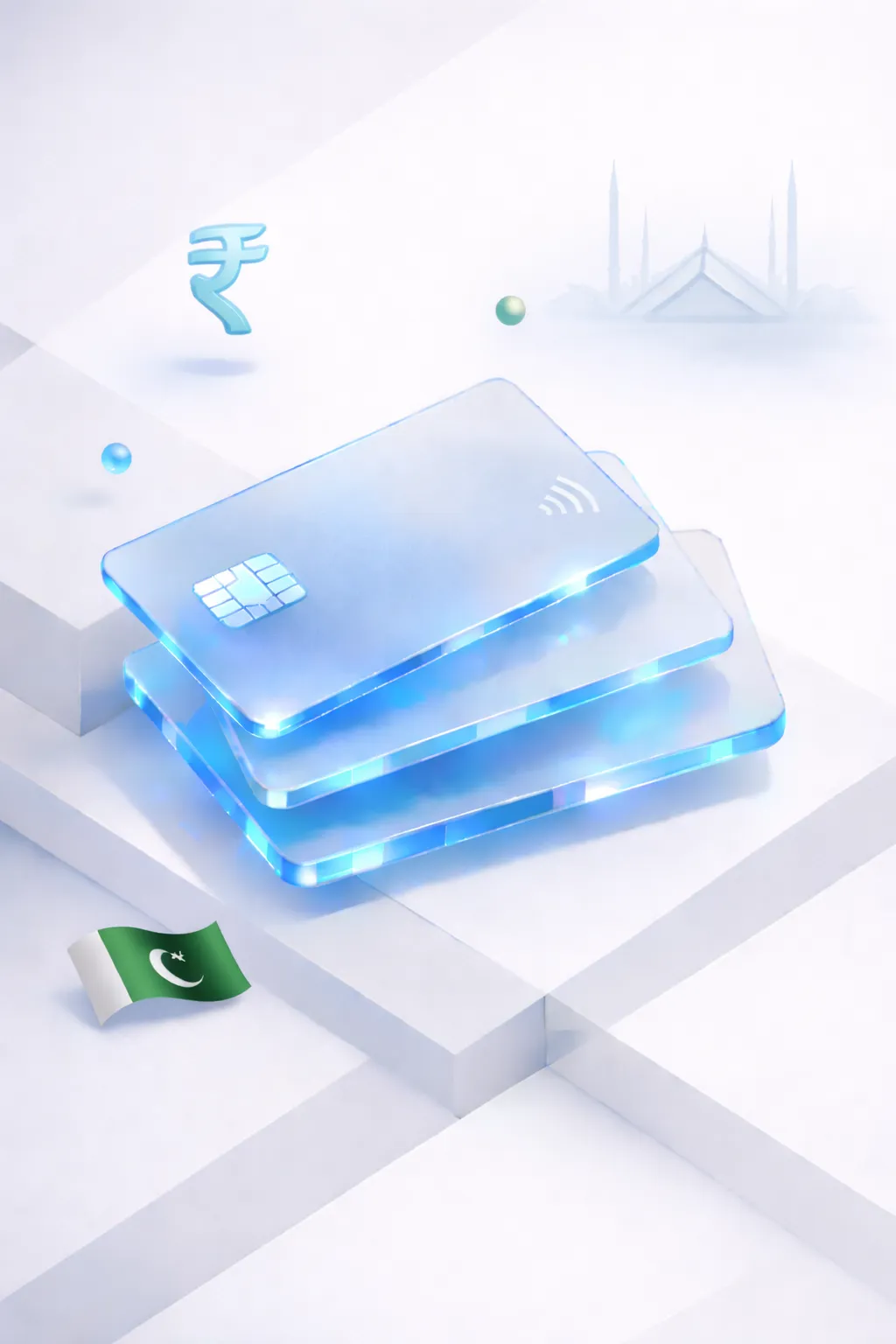 Stacked glass payment cards with a rupee symbol, minaret silhouette, and Pakistani flag