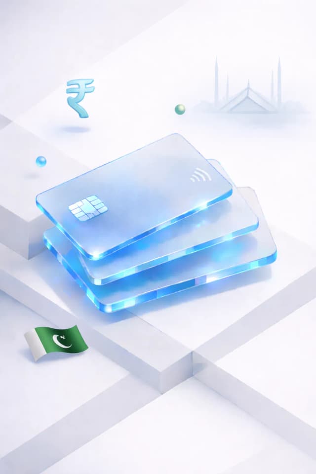 Stacked glass payment cards with a rupee symbol, minaret silhouette, and Pakistani flag