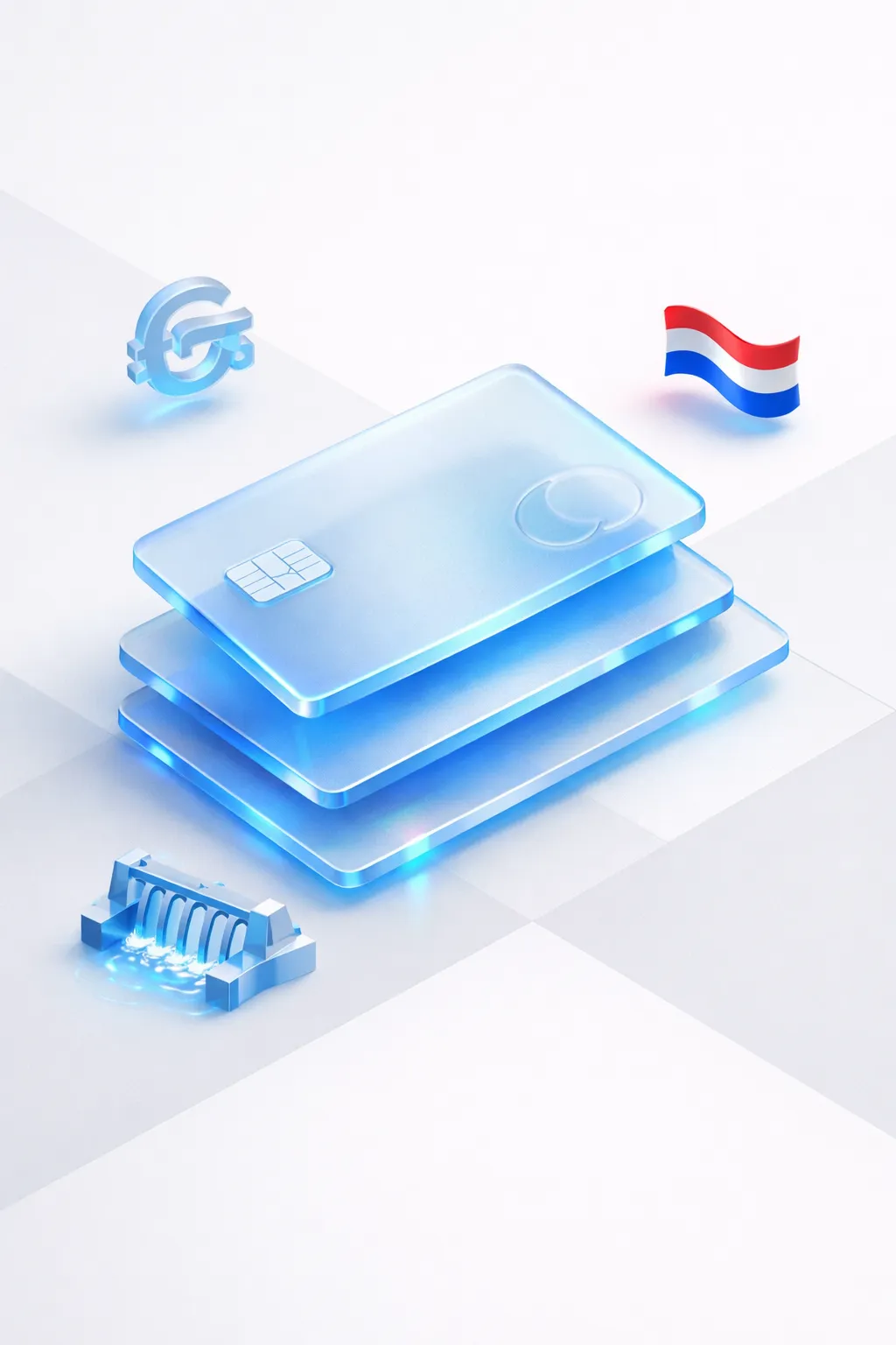 Stacked glass payment cards with a guarani symbol, hydroelectric dam, and Paraguayan flag