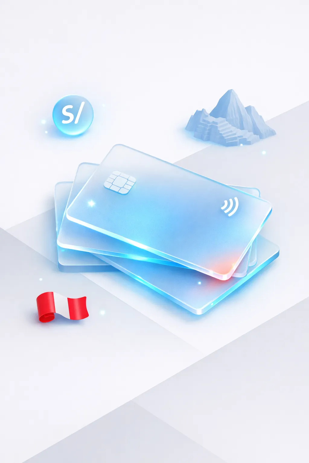 Stacked glass payment cards with a sol symbol, Machu Picchu ruins, and Peruvian flag