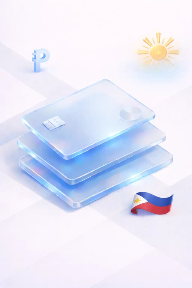 Stacked glass payment cards with a peso symbol, sun rays motif, and Philippine flag