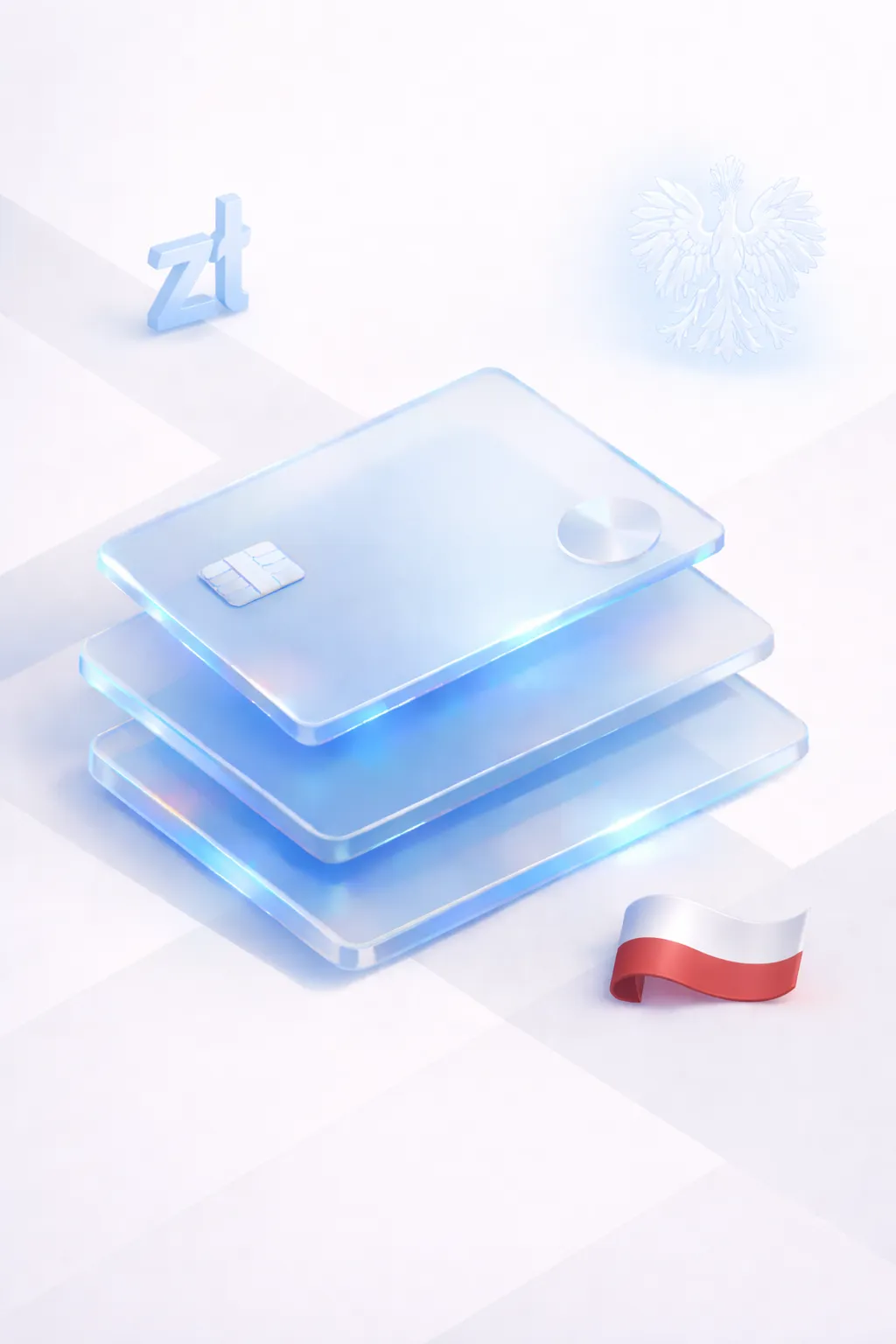 Stacked glass payment cards with a zloty symbol, white eagle silhouette, and Polish flag