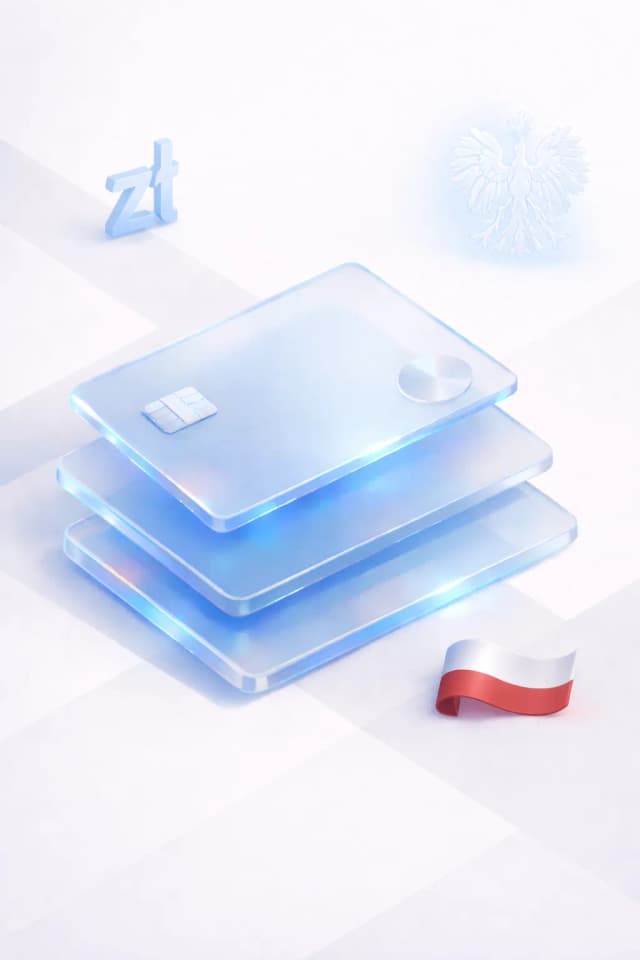 Stacked glass payment cards with a zloty symbol, white eagle silhouette, and Polish flag