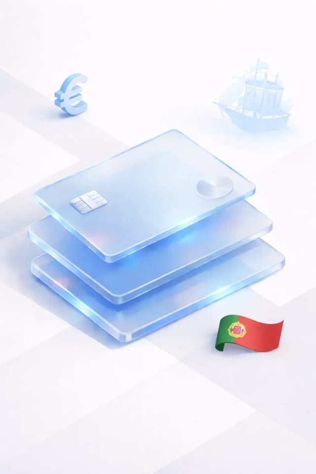 Stacked glass payment cards with a euro symbol, caravel ship silhouette, and Portuguese flag