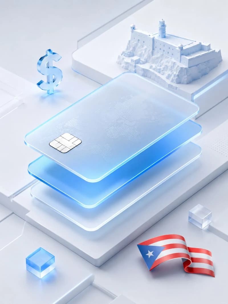 Stacked glass payment cards with a dollar sign, El Morro fortress silhouette, and Puerto Rican flag