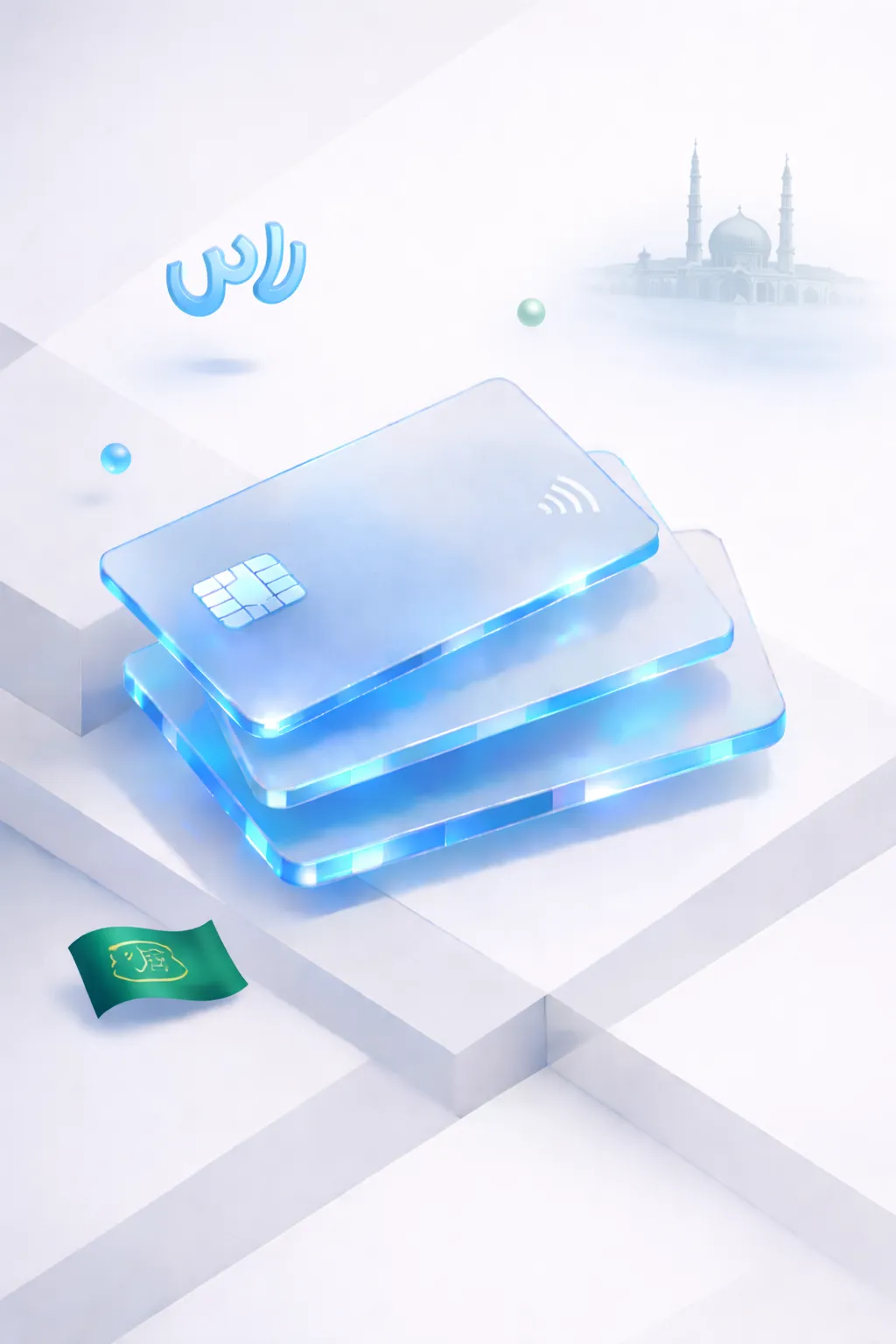 Stacked glass payment cards with a riyal symbol, minaret silhouette, and Saudi flag
