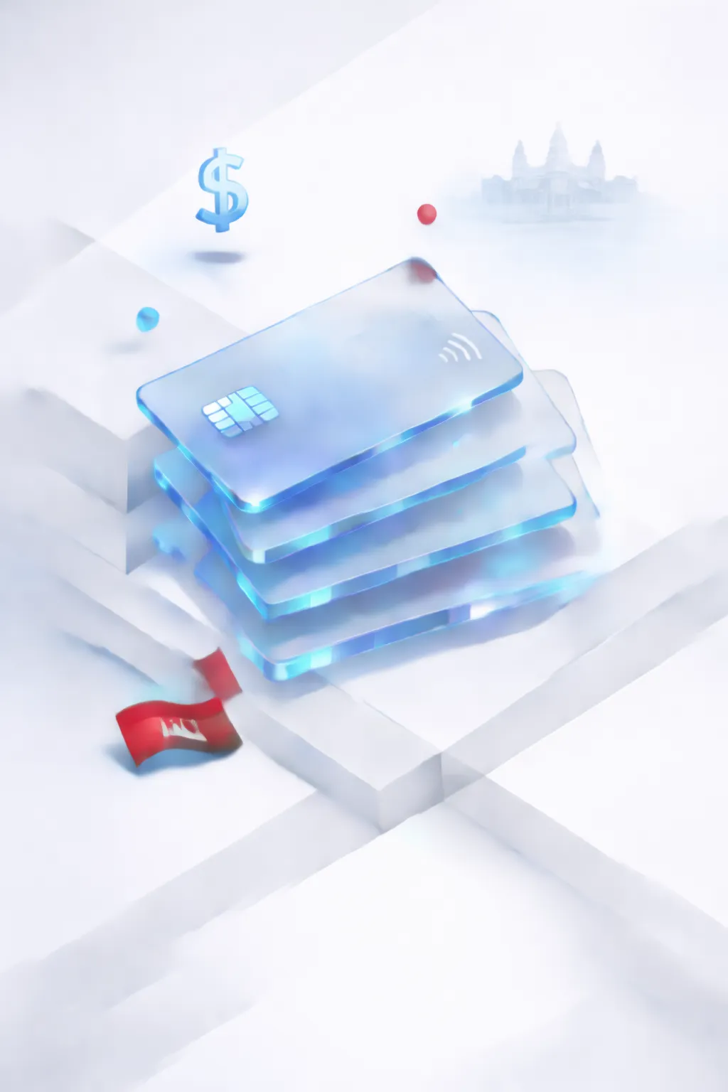 Stacked glass payment cards with a dollar symbol, temple silhouette, and red flag with temple