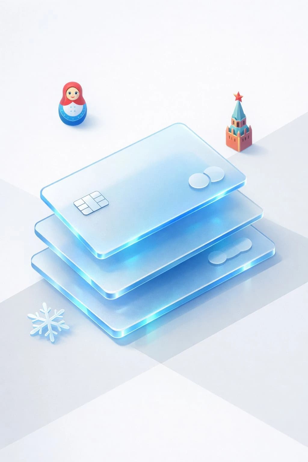Stacked glass payment cards with a matryoshka doll, Kremlin tower, and snowflake