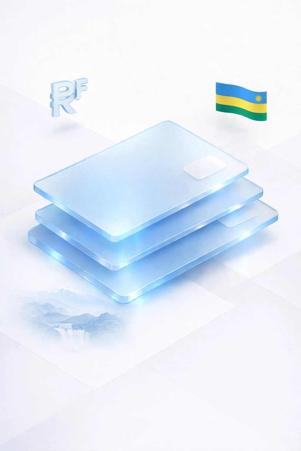 Stacked glass payment cards with a franc symbol, waterfall and hills, and Rwandan flag
