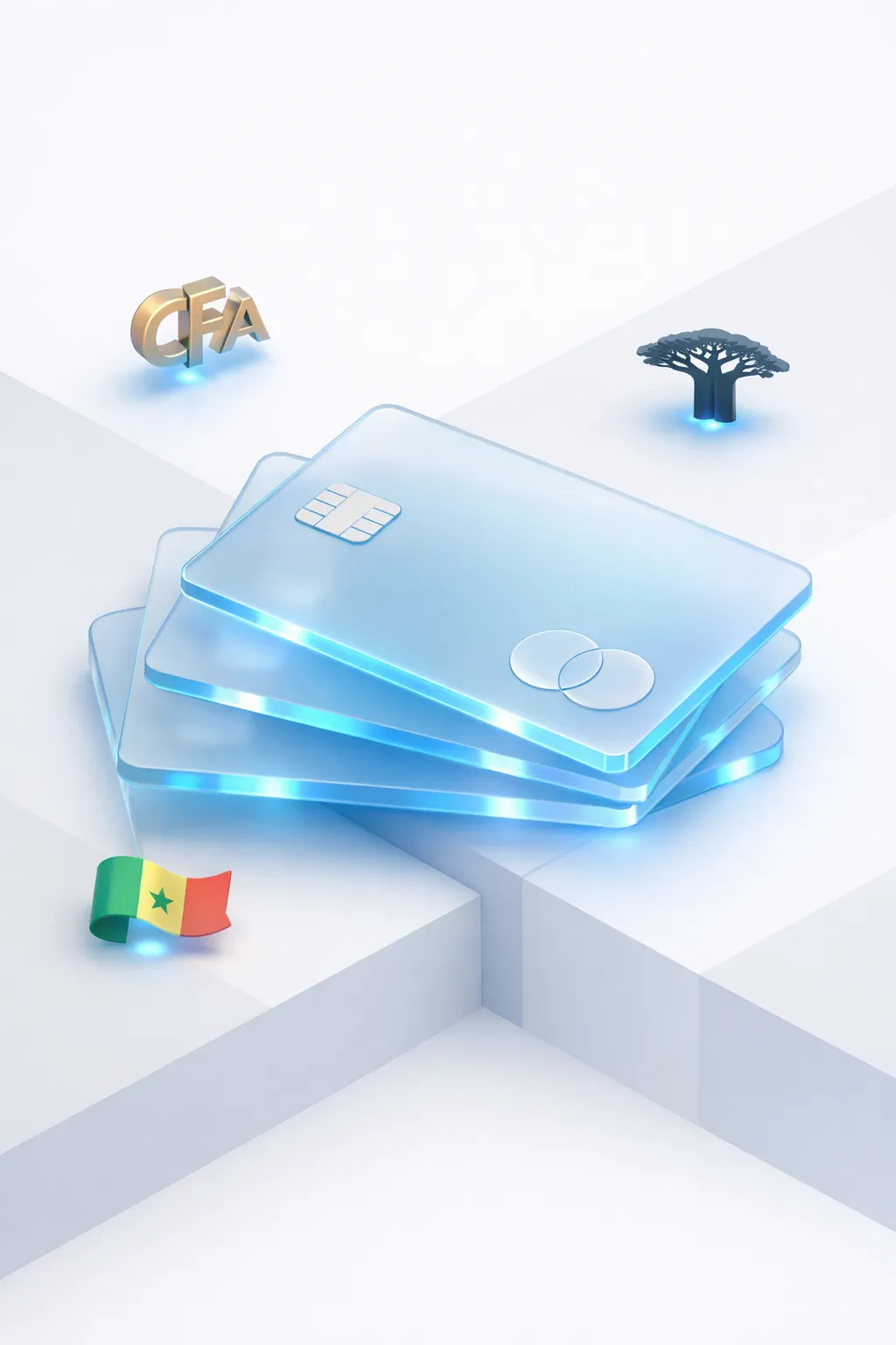 Stacked glass payment cards with a CFA franc symbol, baobab tree silhouette, and Senegalese flag