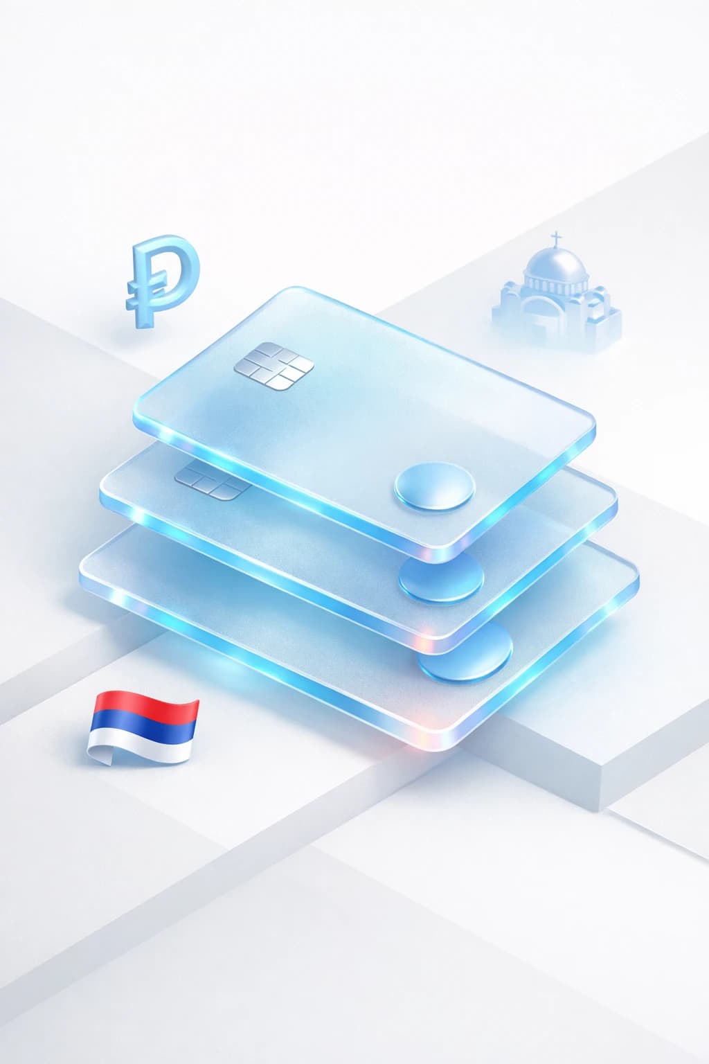Stacked glass payment cards with a dinar symbol, cathedral silhouette, and Serbian flag