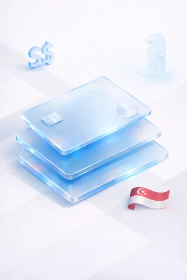 Stacked glass payment cards with an S$ symbol, Merlion silhouette, and Singapore flag